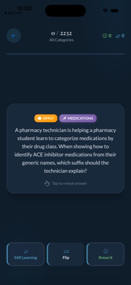 App screen: a flashcard asking how to categorize ACE inhibitor medications by suffix