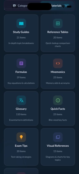App screen: study materials library — study guides, reference tables, formulas, mnemonics, glossary, quick facts, exam tips, and visual references