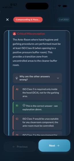 App screen: a critical misconception panel explaining why the chosen answer is wrong and why each other option fails