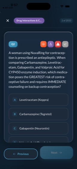 App screen: a PTCB practice question about NuvaRing drug interactions with four answer choices