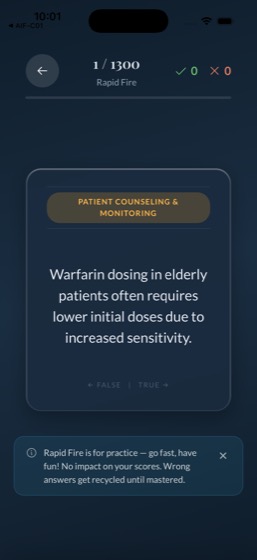 App screen: rapid-fire true/false drill card about warfarin dosing, card 1 of 1,300
